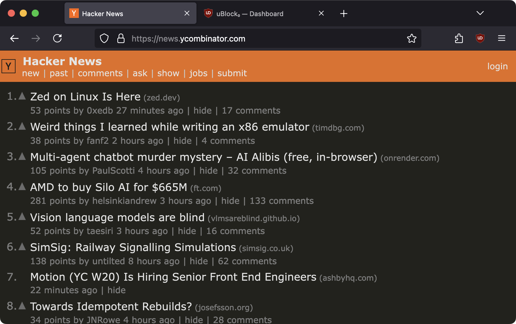 Screenshot of the front page of Hacker News. The header has white text on an orange background, and the body has white and gray text on an almost-black background.